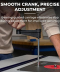 Precision Router Lift For Router Table System With Heavy Duty Plate Insert That Will Not Sag Built For Quick Accurate And Repeatable Setups Smooth Above Table Adjustments And Durable Aluminum Plate being adjusted with a handle.