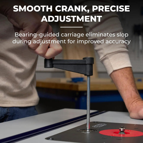 Precision Router Lift For Router Table System With Heavy Duty Plate Insert That Will Not Sag Built For Quick Accurate And Repeatable Setups Smooth Above Table Adjustments And Durable Aluminum Plate being adjusted with a handle.