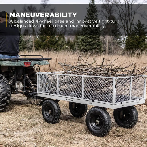 Heavy Duty Steel Utility Garden Cart Hauls Up To 1000 Pounds With Removable Sides in field with branches loaded