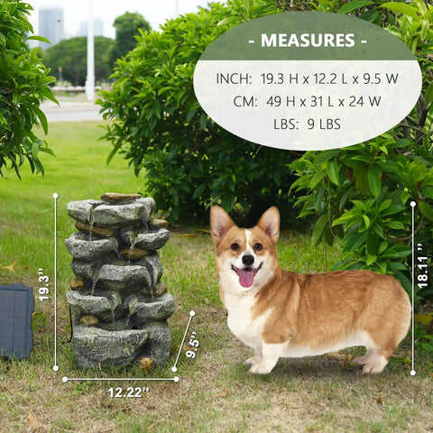 Solar Water Fountain Outdoor Garden 19.3 Inch Cascading Stone Design Five Tier Rock Feature Waterfalls with LED Lights