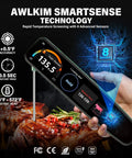 Hand holding Instant Read Meat Thermometer With 3.8 Inch HD Touchscreen And Temp OS over grilled steak, showing temperature.