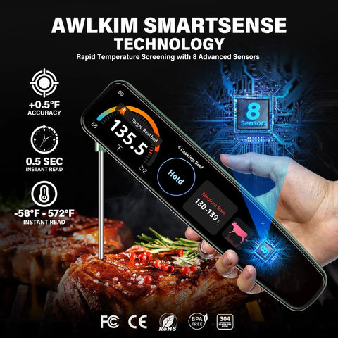 Hand holding Instant Read Meat Thermometer With 3.8 Inch HD Touchscreen And Temp OS over grilled steak, showing temperature.