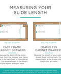 Diagram showing measurements for face frame and frameless cabinet drawers for slide length determination.