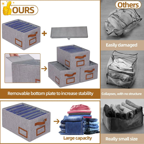 Foldable Wardrobe Organizer With 7 Large Grids For Clothes Jeans Sweaters And Tees 3 Pack Fabric Storage Bins Space Saving Grab And Go 15.7 x 11.8 x 7.9 Inch Gray Closet Boxes showing removable bottom plate and large capacity
