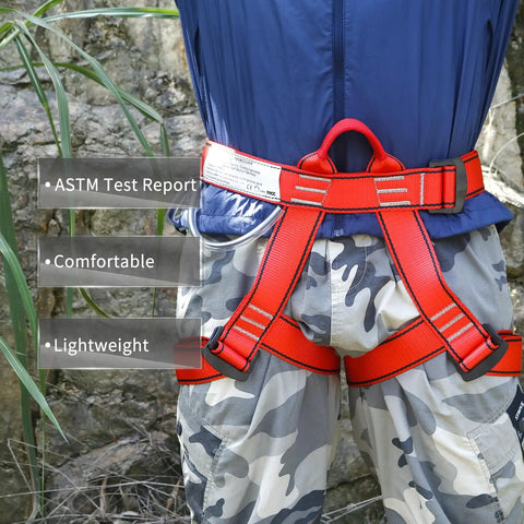 Adjustable Thickness Climbing Harness With Wide Half Body Design For Rock Climbing Rappelling Fire Rescue And Tree Work CE EN3531 Certified Heavy Duty Workhorse Polyester Gear With Max Load 230kg And Breaking Strength 22kN In Red shown around the waist and legs of a person outdoors.