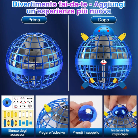 DIY Blue Hand Controlled Flying Orb Ball Toy With RGB Lights assembly steps and features shown.