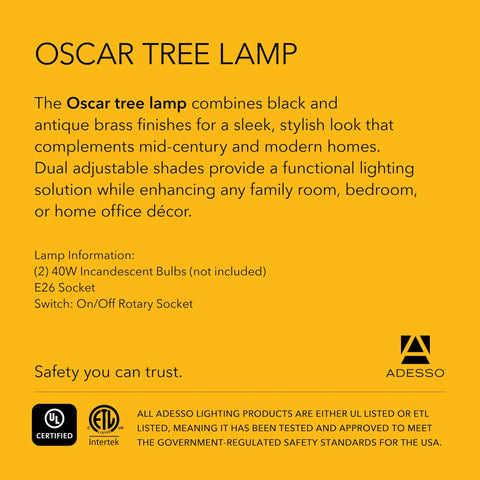 86 Inch Tall Tree Floor Lamp With Dual Adjustable Lights In Black And Antique Brass, product description on yellow background