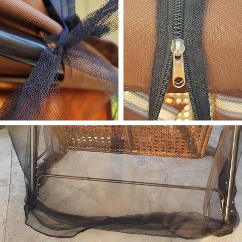 Close-up of Bug Free Patio Swing Mosquito Netting With Zipper Door And Waterproof Roof, showing mesh, zipper, and netting edges.