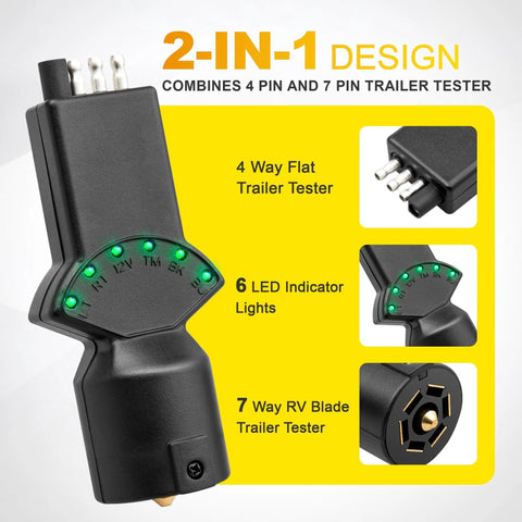 7 Way Blade and 4 Pin Trailer Light Circuit Tester With LED Indicators And 2 In 1 Design, 6 Function Light Tester For RV, Truck, Vehicle Side Sockets, And Tow Trailer Lighting Systems, black plastic
