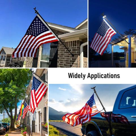 All In One 5 Foot Flag Pole Kit For Outdoor Home Use With American Flag And Solar Light displayed on porches and vehicles