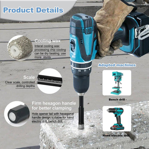Dry Diamond Drill Bit Set 10 Pack Pro Grade For Tile Ceramic Marble Granite Glass Brick Stone With One Quarter Inch Hex Shank in use