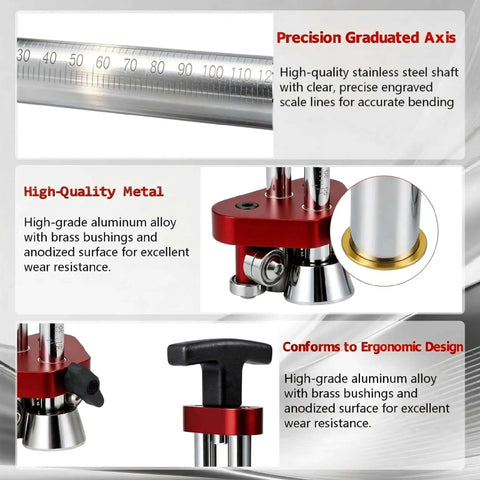 Sheet Metal Roller Pro Grade 1-Station Bender, highlighted precision axis, red aluminum build, ideal for metalworking.
