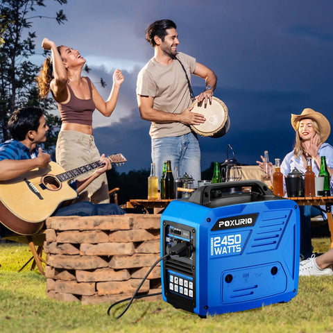 Outdoor gathering with 2450 Watt Portable Inverter Generator for Home and Outdoor Use providing power, people playing instruments.