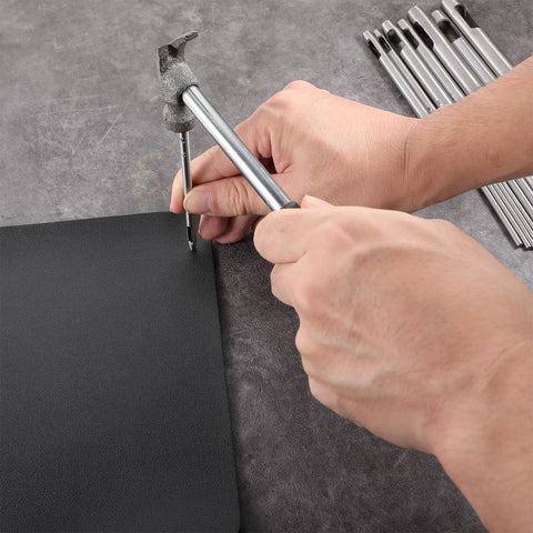 Using Heavy Duty Leather Hole Punch Kit With 22 Sizes From 0.5mm To 12mm Durable High Carbon Steel Hollow Punches on black material