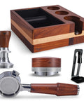 Hella Smooth Breville Espresso Accessories Kit With Bottomless Portafilter Plus Spring Loaded Tamper Featuring Rosewood Knock Box And Wdt Needle Distribution Station, showing espresso tools and rosewood holder.