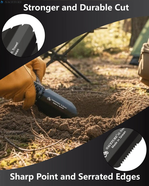 Backpacking Trowel Aluminum Shovel Multitool With Longer Handle For Hiking Camping And Survival Gear Black 1 Pack Lightweight Durable Rust Resistant Compact Aluminum Tool For Digging Cat Holes Potty Duty being used to dig soil at a campsite with focus on serrated edges and sharp point.