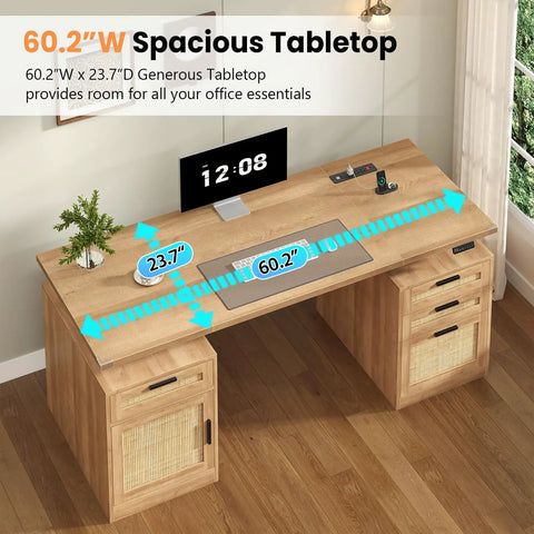 60 Inch Electric Standing Desk With Solid Oak Surface And Rustic Rattan Frame For Home Office featuring 60.2" spacious tabletop dimensions.