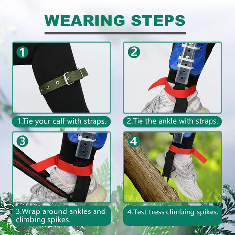 Wearing steps for Tree Climbing Spike Set With Foot Straps And Ankle Straps, anti slip climbing tools with ergonomic design.