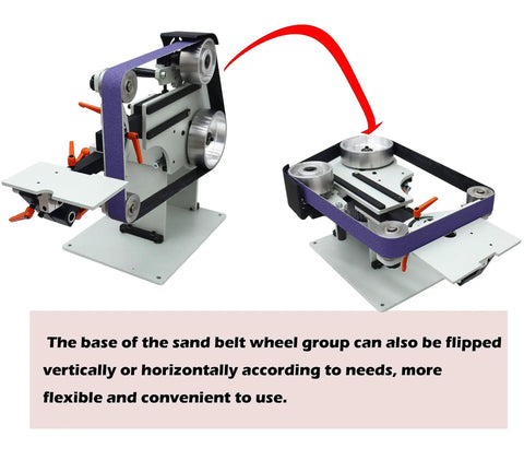 Heavy Duty Variable Speed Belt Sander And Rock Solid Grinder For Fast Knife Sharpening Rust Stripping And Slick Metal Finishing On A Compact Foldable Stand with adjustable sand belt wheel group.