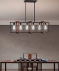 Farmhouse Rustic 6 Light Lantern Cage Chandelier Hand Painted Natural Walnut Wood With Black Finish for dining room