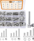 Beefy Heavy Duty 448 Pcs Metric Hex Bolt And Nut Assortment Set M5 M6 M8 Stainless Steel With Flat And Lock Washers Includes Hex Socket Cap Screws Nuts And Bolts For Marine Automotive And DIY Projects displayed in organized plastic case.