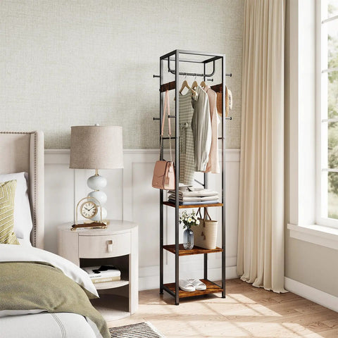 Freestanding Coat Rack With 3 Storage Shelves And 12 Hooks, Industrial Hall Tree Organizer in a bedroom, rustic brown finish