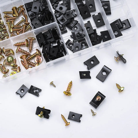 180 Pcs Auto Screw And U Clip Assortment Kit Featuring Cross Head Bolts With Hardcore Spring Steel Fasteners assorted in organizer tray