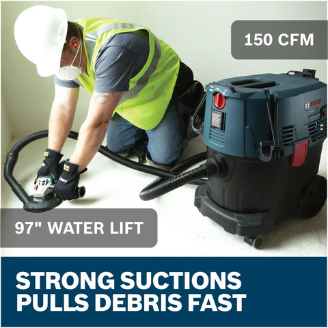 Savage 9 Gallon Dust Extractor With Auto Filter Activation For Grinders And Power Tools in use with grinder on jobsite.