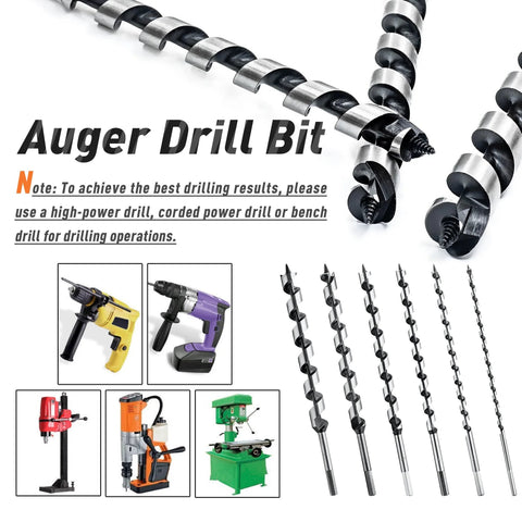 NICAVKIT six 12-inch hex-shank auger drill bits for wood, plastic, drywall (1/4–7/8 in)