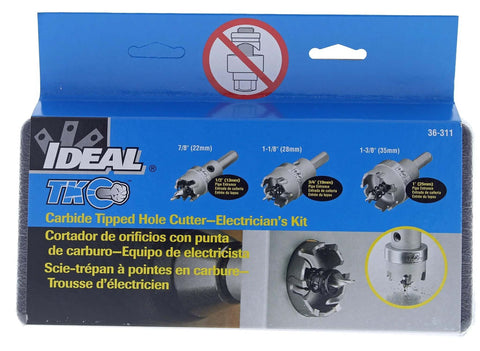 Front view of IDEAL TKO carbide tipped hole cutter kit in blue box with four cutters and carry case.