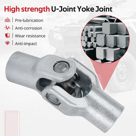 Heavy Duty Final Drive Shaft U Joint Yoke For Honda ATV Models Recon 250 FourTrax 300 Foreman 500 400 450 Rubicon 500 Rancher 400 350 OEM 40210-HN7-010 Drop In Fit Direct Bolt On Replacement, silver metal yoke close-up