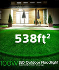 Top Shelf 100w Led Flood Lights Ip65 Waterproof Outdoor Security Lamps 10000 Lm on grass displaying 538ft² coverage area.