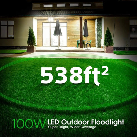 Top Shelf 100w Led Flood Lights Ip65 Waterproof Outdoor Security Lamps 10000 Lm on grass displaying 538ft² coverage area.