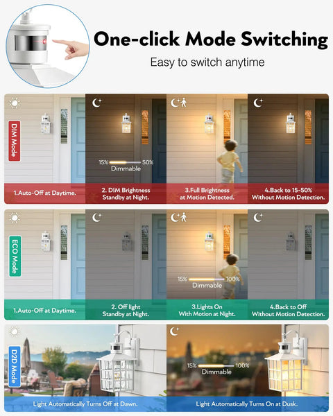 White Motion Sensor Outdoor Porch Light Wall Mount for House Modern Exterior Sconce Aluminum Anti Rust Waterproof Front Door Garage showing mode switching options
