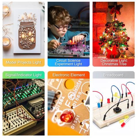 Collage of various uses for 450 Piece 5mm LED Diode Kit With Five Colors White Red Yellow Green Blue in DIY projects