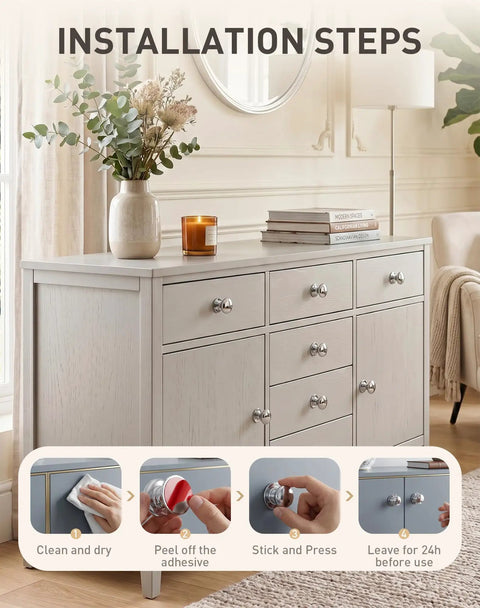 Installation steps for Ten Pack Peel And Stick Cabinet Knobs Silver Self Adhesive Drawer Handles showing cleaning and applying process.