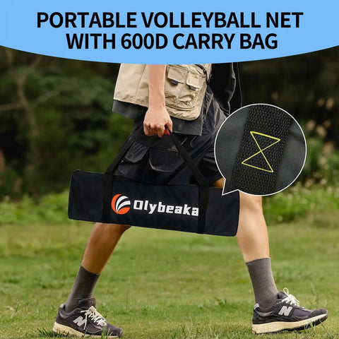 Person carrying 20 Foot Outdoor Volleyball Net Set With Anti Sag Net Adjustable Iron Poles Durable Carry Bag Soft PU Volleyball And Pump Quick Setup