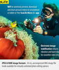 Diver using Micro 3.0 Pro 3000 Color Boost Underwater Camera and Light Set capturing coral, easy setup, wireless transfer.