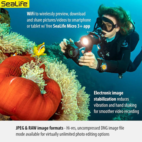 Diver using Micro 3.0 Pro 3000 Color Boost Underwater Camera and Light Set capturing coral, easy setup, wireless transfer.