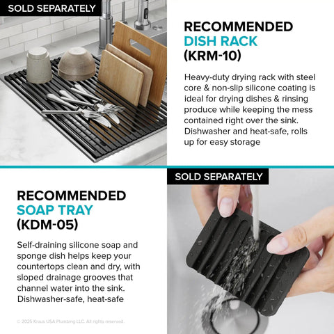 Dish rack and soap tray sold separately, with drying dishes and utensils, recommended for 25 Inch Top Mount Single Bowl 18 Gauge Stainless Steel Kitchen Sink With Noise Defend Soundproofing And Dent Resistant Build Built To Take Daily Use For A Quieter Hardworking Kitchen.