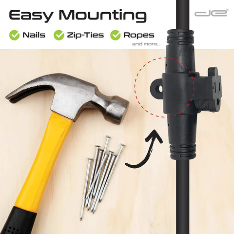 Beefy 50 Ft Heavy Duty 14 3 Extension Cord With 10 Outlets for indoor outdoor use next to hammer and nails for easy mounting.