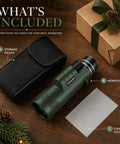 Rad Gift For Him Outdoor Monocular 10x42 For Hiking And Travel With Bright Clear Views Compact One Hand Use Ideal For Dad Husband Teen And Any Guy Into Weekend Adventures. Includes pouch, cleaning cloth, and monocular.