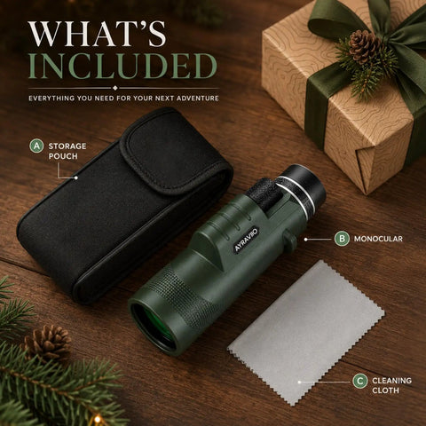 Rad Gift For Him Outdoor Monocular 10x42 For Hiking And Travel With Bright Clear Views Compact One Hand Use Ideal For Dad Husband Teen And Any Guy Into Weekend Adventures. Includes pouch, cleaning cloth, and monocular.