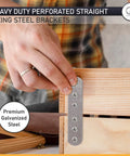 Hella Sturdy Galvanized Steel Connector Plates 20 Pack Flat Mending Brackets For Rock Solid Furniture Repair Woodworking Hardware Fixes And Heavy Duty Shelf Support Strips That Lock Down Tight, close-up of bracket installation.