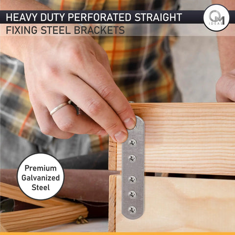 Hella Sturdy Galvanized Steel Connector Plates 20 Pack Flat Mending Brackets For Rock Solid Furniture Repair Woodworking Hardware Fixes And Heavy Duty Shelf Support Strips That Lock Down Tight, close-up of bracket installation.