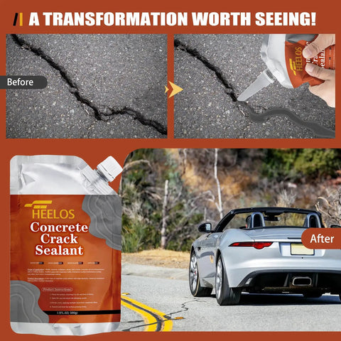 Before and after using Two Pack Grey Self Leveling Concrete Crack Filler Sealant for driveways with a car on repaired surface.