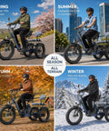 All Terrain Electric Tricycle for Adults with Fat 20 Inch Tires, 864Wh Removable Battery, 15.5 MPH Three Wheel Ebike for Seniors, LCD Display, Rear Differential, and Handy Rear Seat Basket in Blue, shown in four seasons