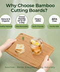Person holding dishwasher safe carbonized bamboo cutting board with juice groove, cheese, and drink on top