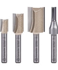 Pro Level Four Piece Straight Router Bit Set With One Quarter Inch Shanks, heavy duty solid carbide bits for precise dado work.