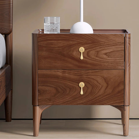 Wooden nightstand with Solid Brass Cabinet Knobs 2 Pack In Brushed Gold Finish, modern pendant pulls for drawers, bedroom furniture